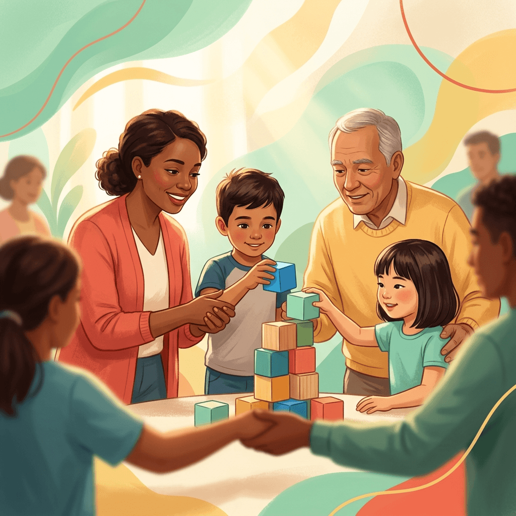 Crianças e cuidadores em ambiente acolhedor construindo juntos com blocos coloridos, simbolizando terapia ABA comunitária acessível no Brasil