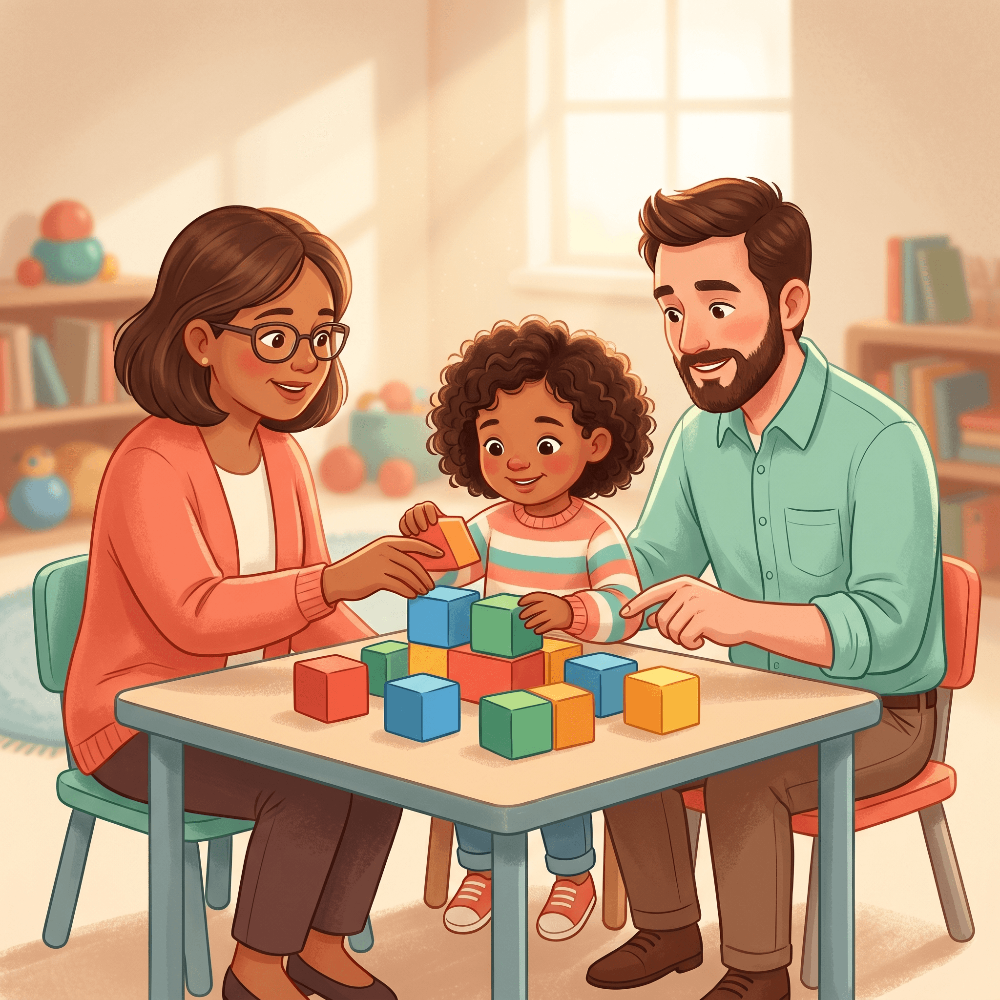 Terapeuta e professor colaborando em sala de aula com criança usando blocos coloridos, representando estratégias ABA na escola