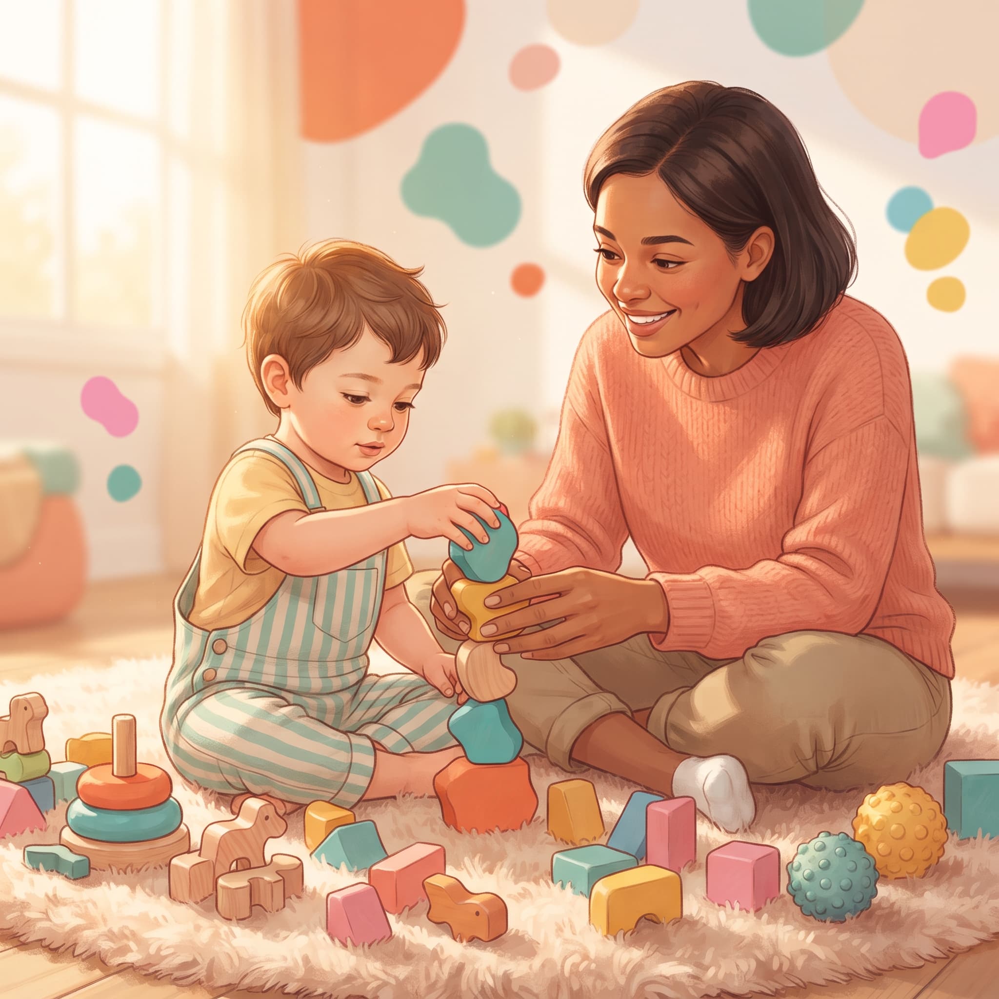 Criança com TEA brincando com brinquedos educativos junto a adulto, demonstrando aprendizado e conexão afetiva.
