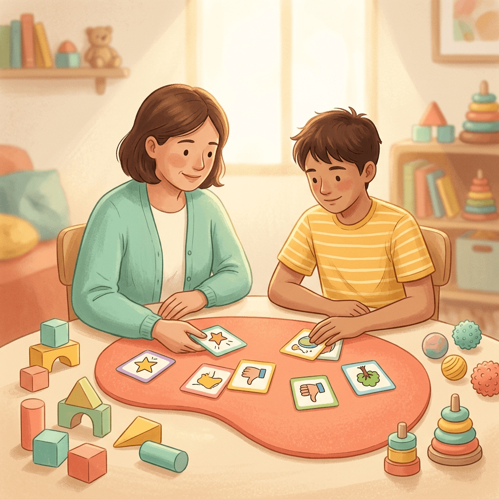 Cuidador e adolescente colocando cartões coloridos de contrato comportamental em quadro coral, cercados por brinquedos terapêuticos educativos, em ambiente acolhedor e iluminado.