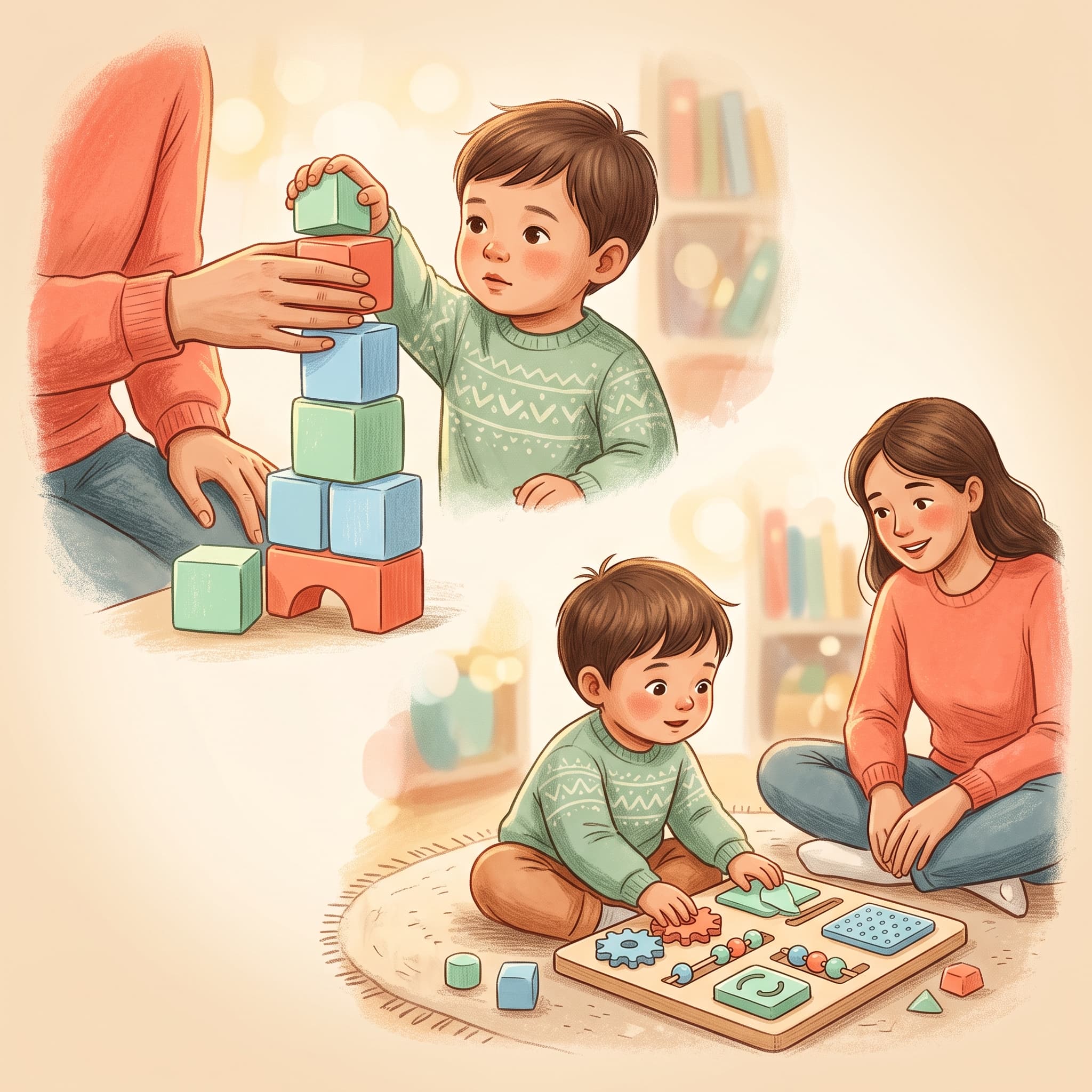 Mãos de cuidador e criança interagindo com blocos coloridos e brinquedos educativos em ambiente acolhedor e iluminado, simbolizando abordagens diretivas e responsivas na terapia ABA