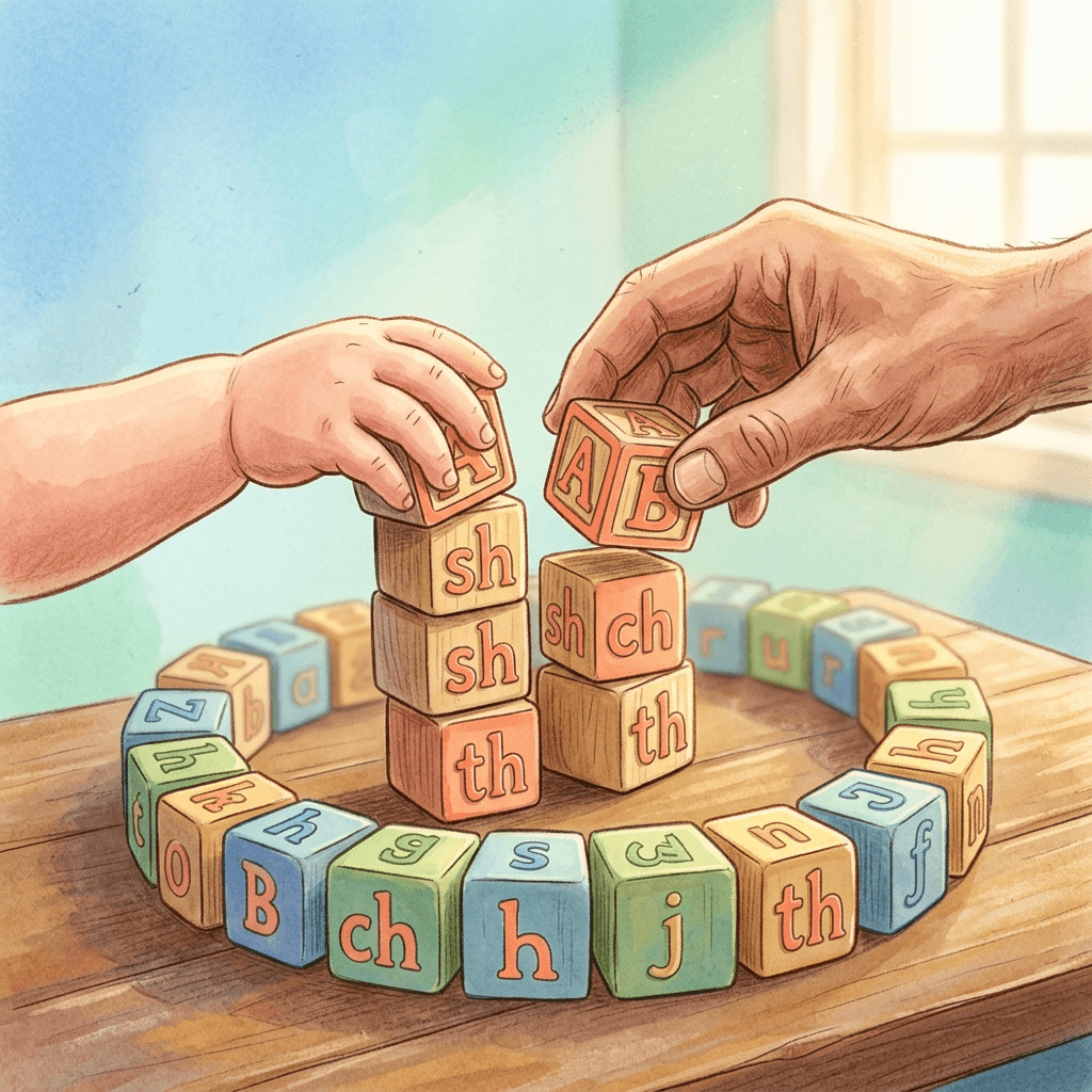 Mãos de criança e adulto empilhando blocos coloridos com letras em ambiente acolhedor que simboliza ensino de leitura com ABA para TEA