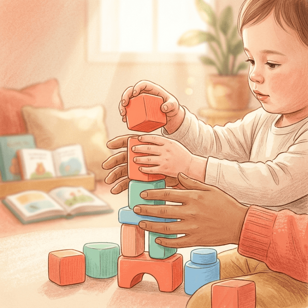 Mãos de criança e adulto empilhando blocos coloridos em ambiente acolhedor, simbolizando ensino de matemática com ABA para TEA.