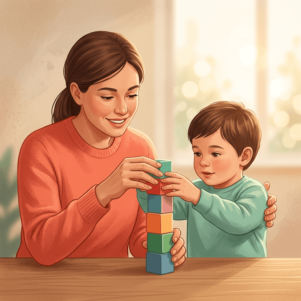 Mãos adultas e infantis empilhando blocos coloridos simbolizando intervenção prática e ética em terapia ABA para TEA.