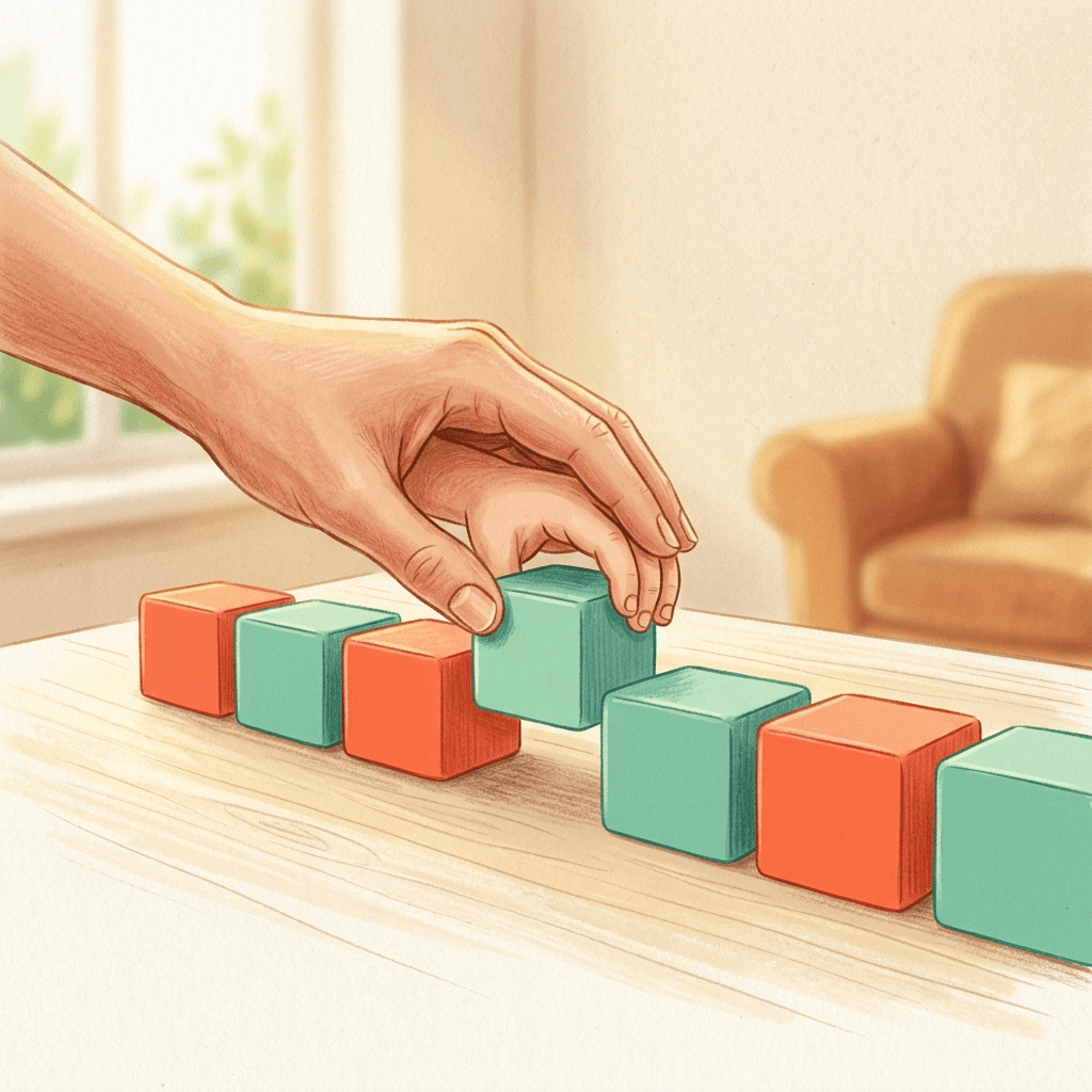 Mãos de adulto e criança conectadas enquanto organizam blocos educativos coloridos representando integridade e fidelidade no tratamento ABA