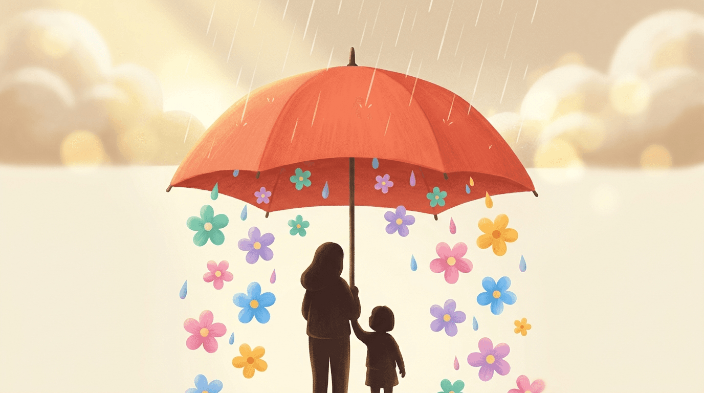 Guarda-chuva coral protegendo silhueta de família, com chuva transformando-se em flores coloridas