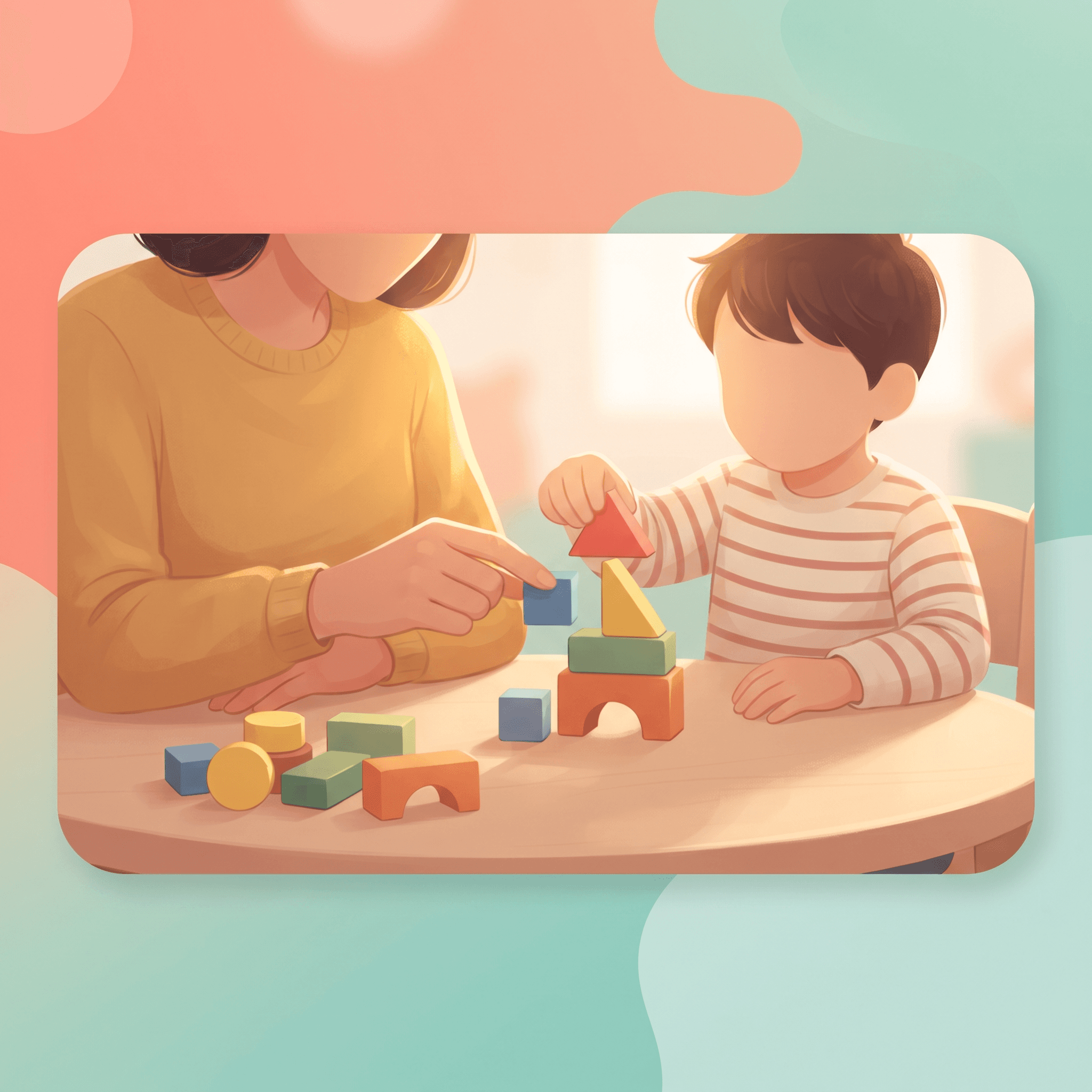 Mãos de adulto e criança posicionando blocos educativos coloridos sobre mesa clara, representando avaliação funcional baseada em tentativas em ambiente acolhedor.