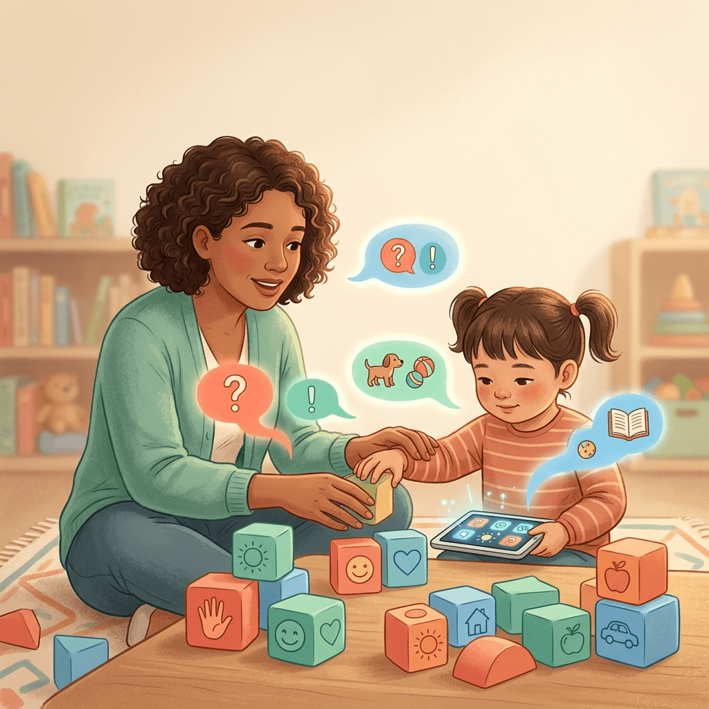 Terapia ABA com criança e terapeuta usando brinquedos educativos coloridos que simbolizam comunicação aumentativa e alternativa com apoio da IA