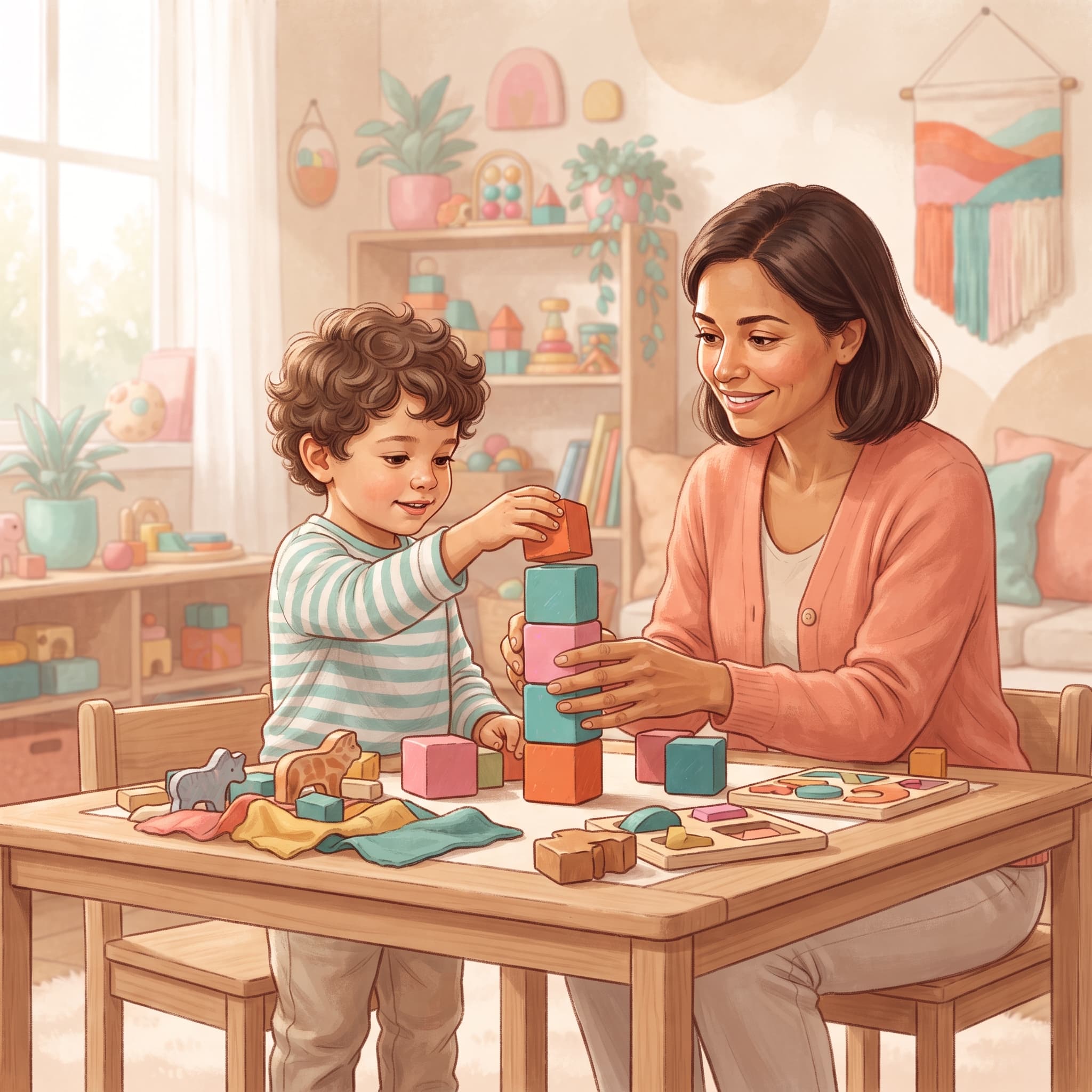 Interação acolhedora entre terapeuta e criança com blocos educativos coloridos simbolizando aprendizado e avanços na triagem do TEA.