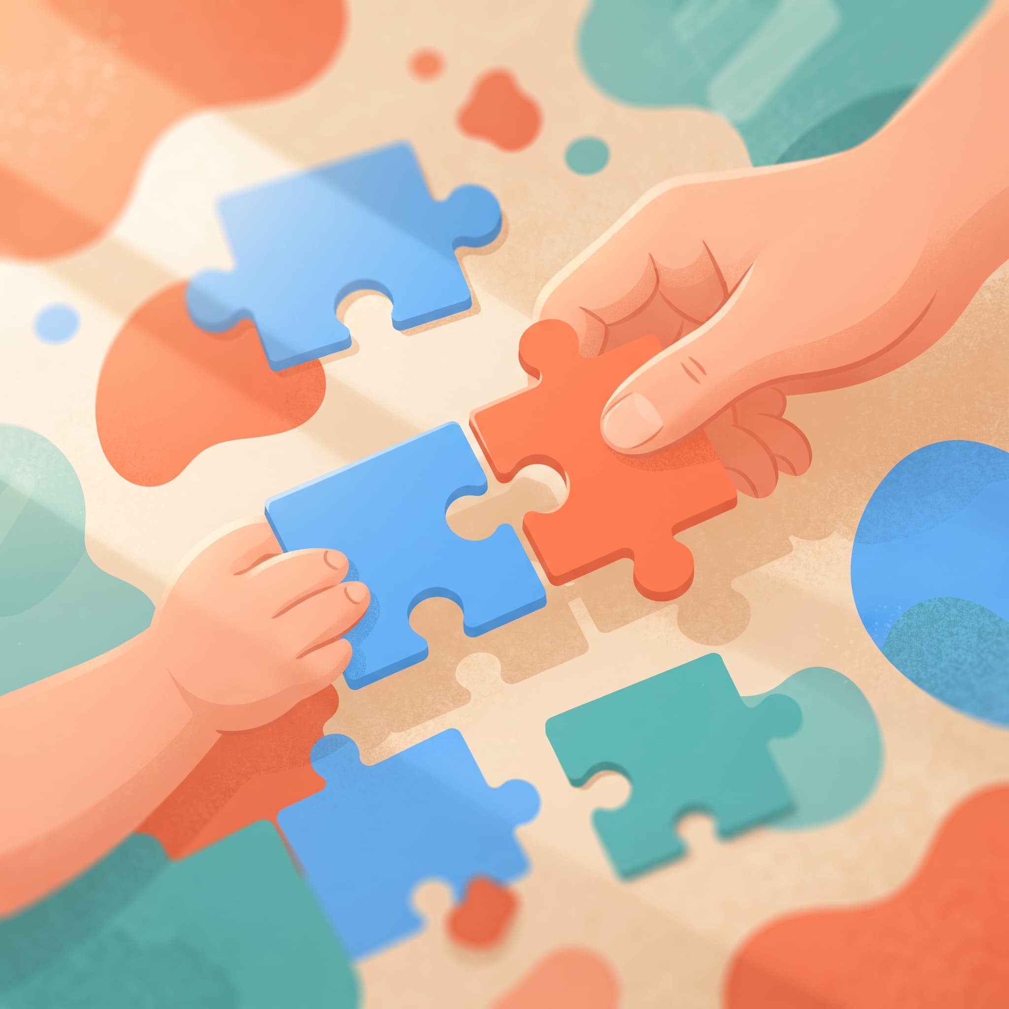 Duas mãos conectando peças de quebra-cabeça coloridas, simbolizando o passo a passo e a organização em clínicas ABA com cuidado e supervisão.