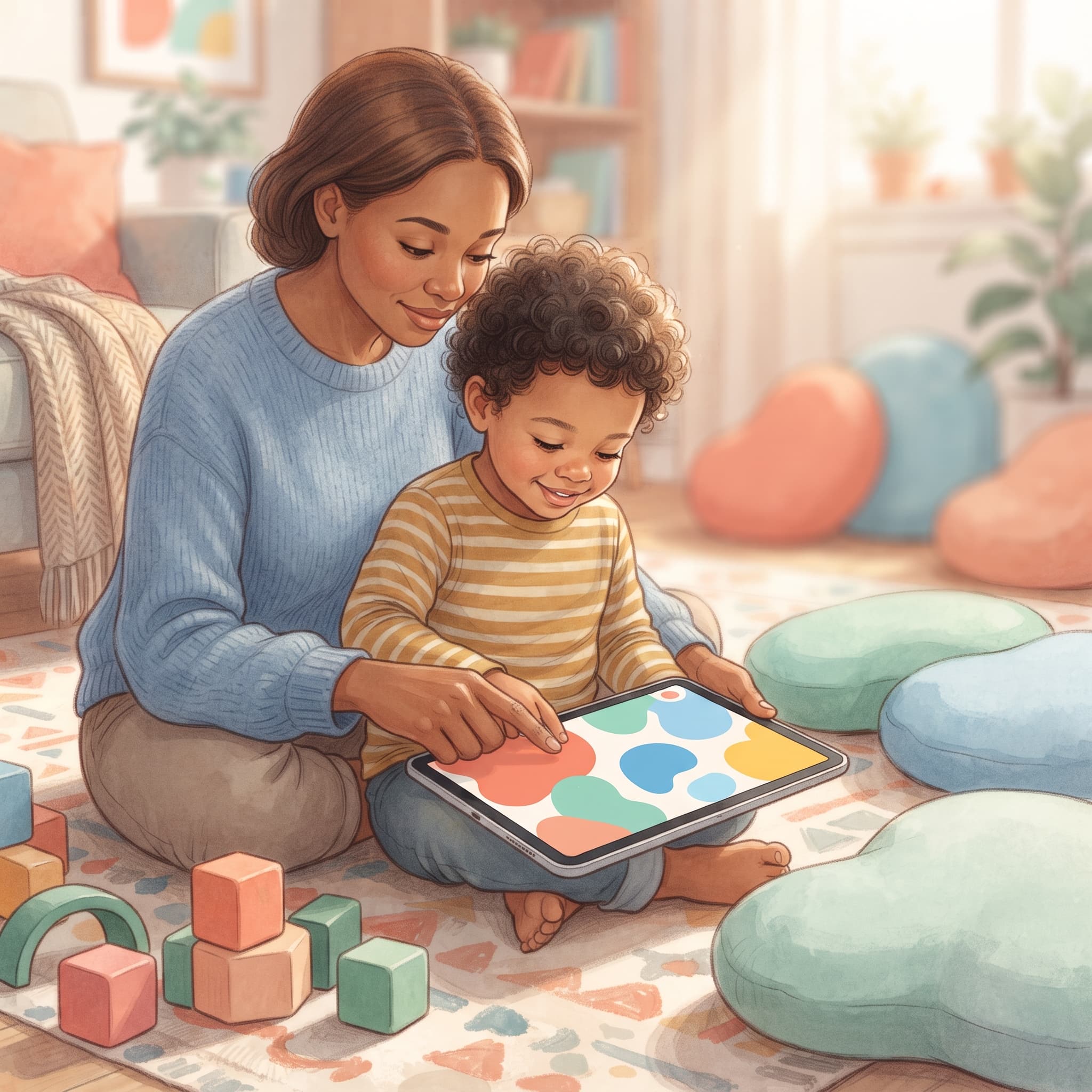 Cuidador e criança interagem com tablet em ambiente acolhedor, simbolizando uso responsável de tecnologia em triagem para TEA.