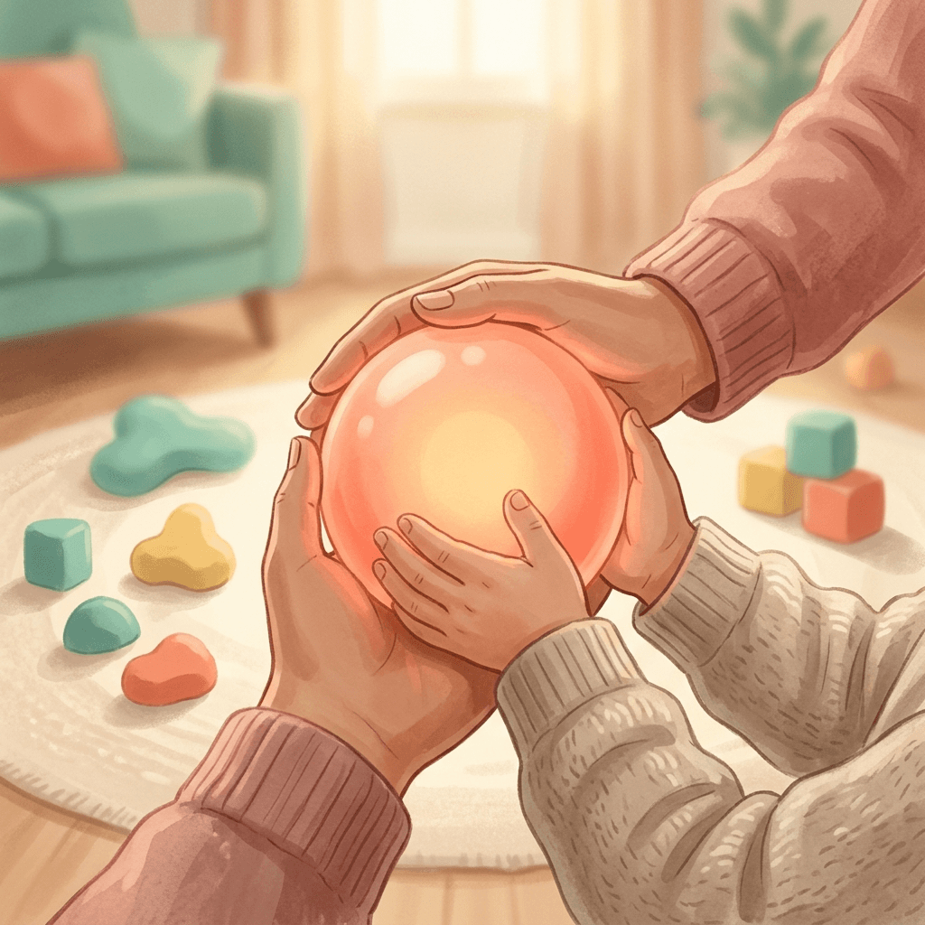 Mãos de cuidador e criança segurando brinquedo luminoso suave em ambiente doméstico acolhedor representando neuromodulação segura no TEA.