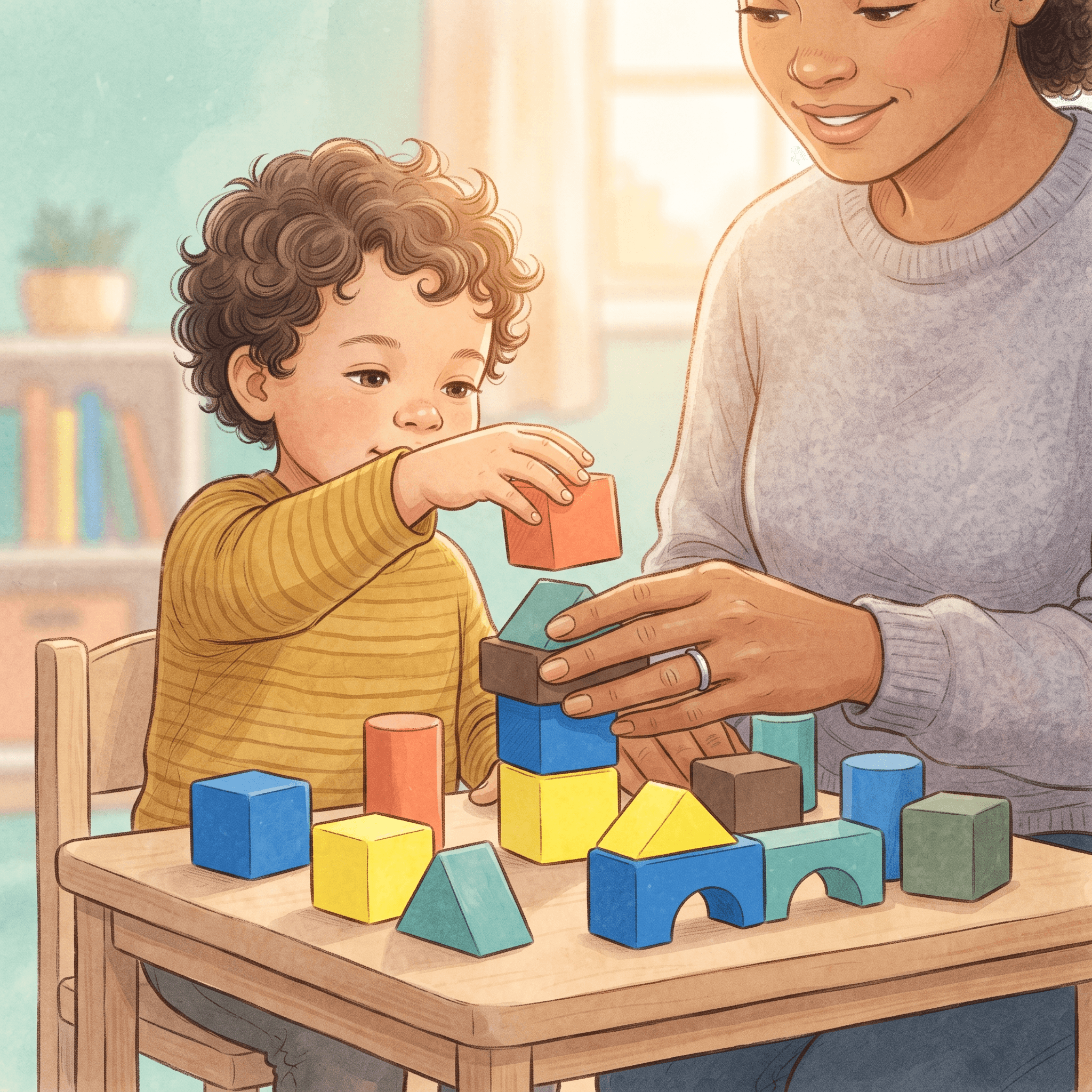 Criança e cuidador brincam juntos com blocos coloridos, simbolizando cuidado e desenvolvimento no contexto do TEA.