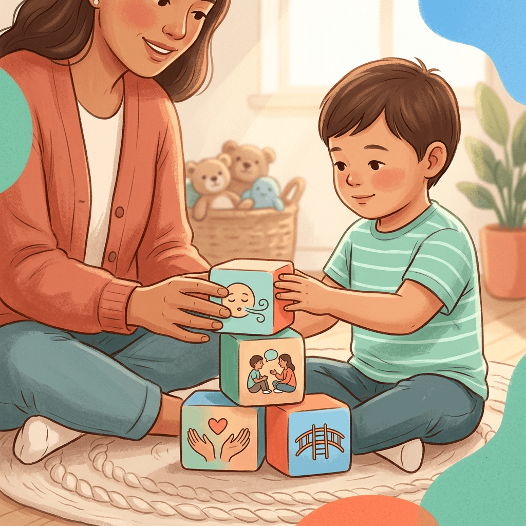 Caregiver and child in therapy holding colorful blocks, symbolizing supportive crisis management steps in ABA clinical care.