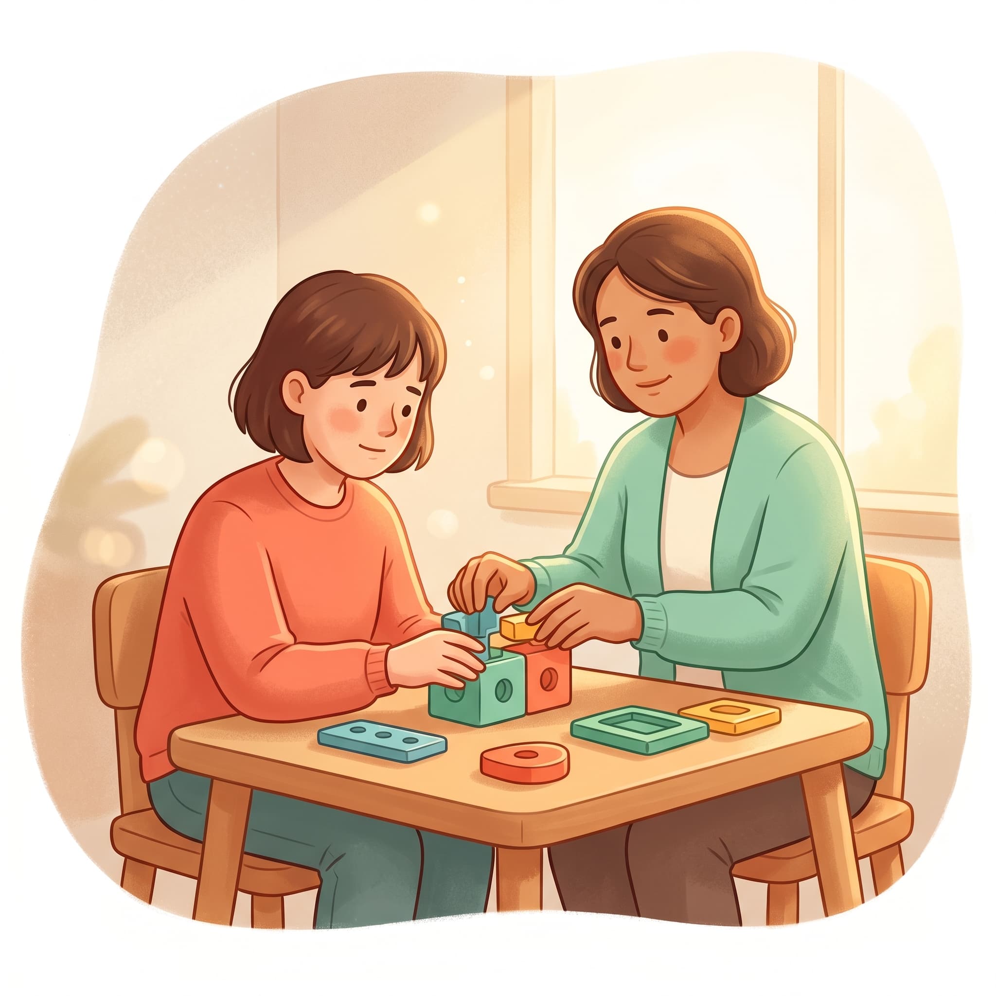 Jovem adulto com TEA e terapeuta juntos em atividade prática de preparação vocacional com materiais educativos coloridos