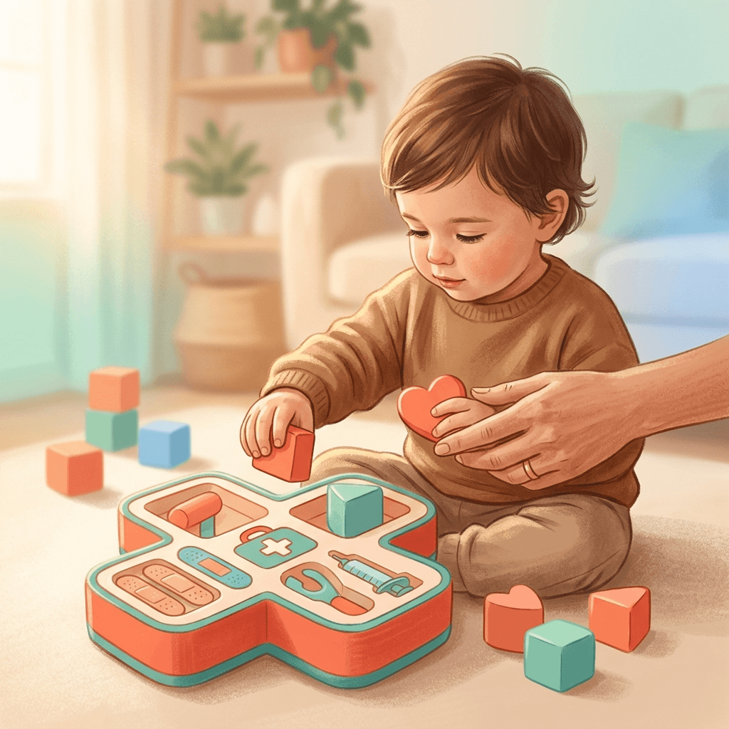 Criança e adulto interagindo com blocos coloridos em brinquedo de kit médico, simbolizando cooperação e tolerância a procedimentos médicos para autismo