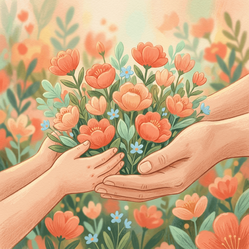 Mãos de adulto e criança segurando um jardim florido, simbolizando qualidade de vida e crescimento em terapia ABA.
