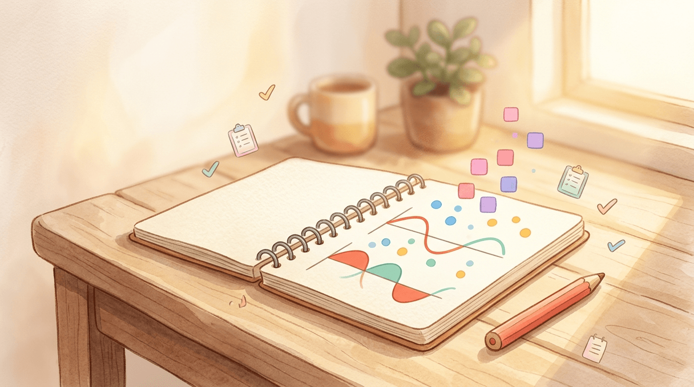 Caderno aberto com visualizações coloridas de dados, lápis e quadrados organizados flutuando como pontos de dados