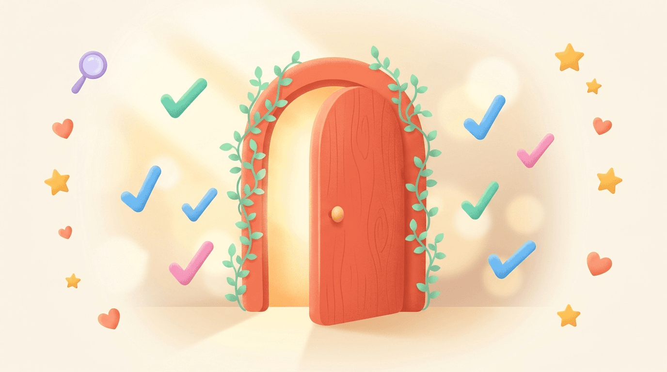 Porta acolhedora em coral com luz quente interior, cercada por marcações coloridas e elementos decorativos