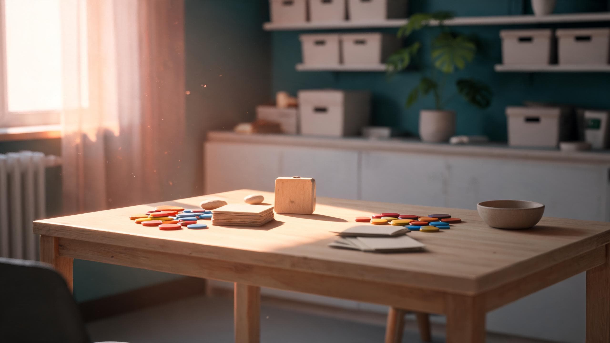 Mesa de atendimento iluminada pelo sol, com materiais de aprendizagem organizados em diferentes disposições.