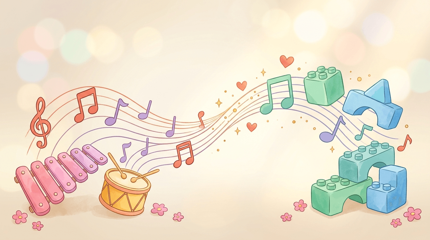 Notas musicais em coral e lavanda fluindo de instrumentos suaves, entrelaçadas com blocos de construção coloridos